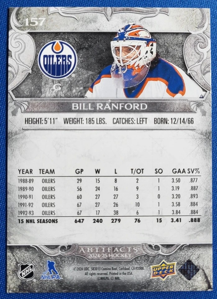 2024-25 Upper Deck Artifacts Legends Bill Ranford Gold Foilboard Oilers #157 - Image 2 of 2