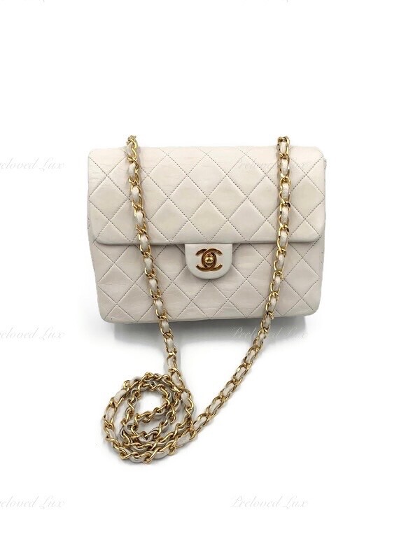 Authentic CHANEL Classic Lambskin Chain Mini Square Flap Bag White