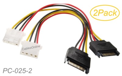 2-Pack 6-inch SATA 15-Pin Male to Molex 4-Pin Female Power Adapter, PC-025-2