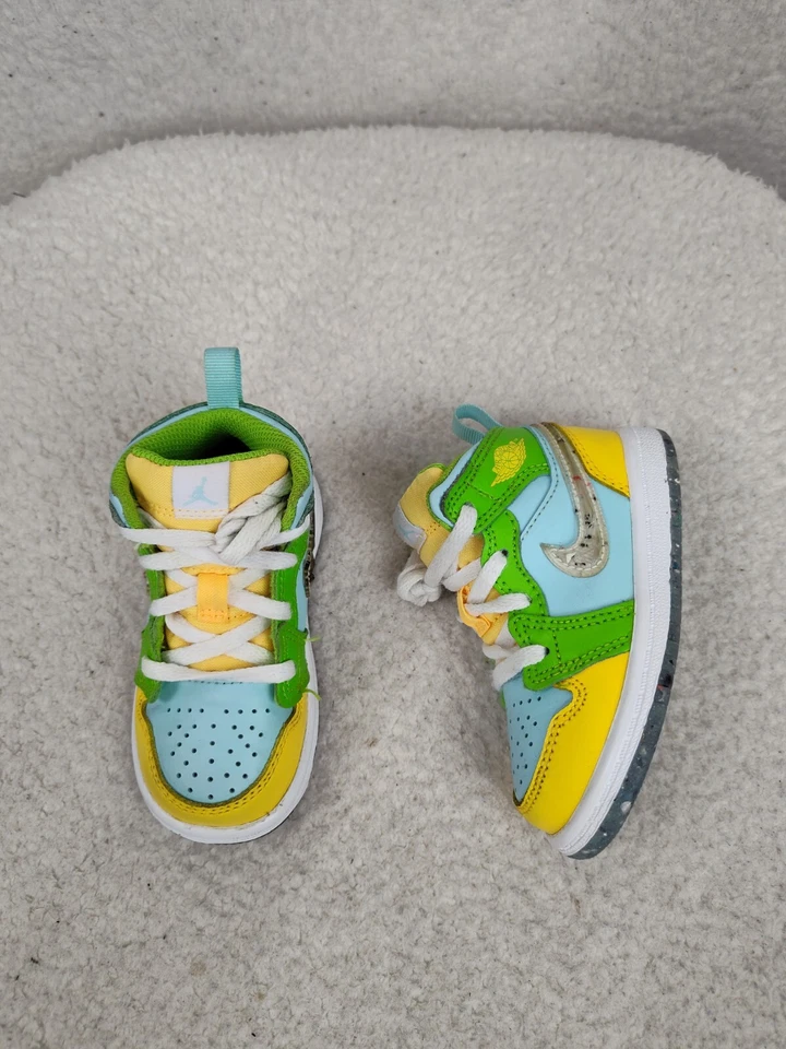 Nike Air Jordan 1 Mid SE Niñas Tenis 6C Verde Bloque de Color Cuero Zapato con Cordones Foto 4 de 4