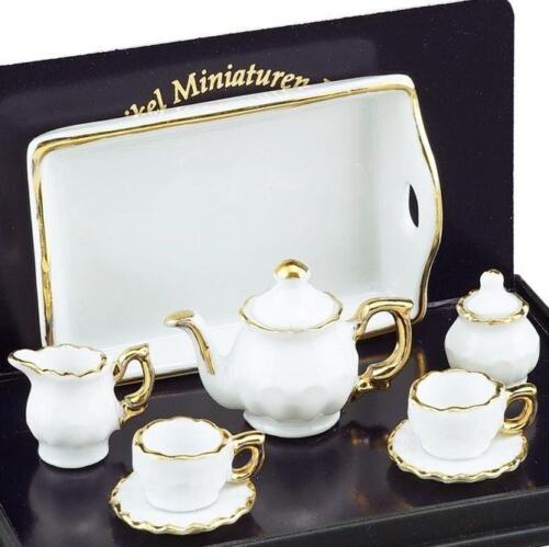Ensemble de thé/2 baronnesse blanc/or 1,348/6 porcelaine Reutter maison de poupée miniature - Photo 1 sur 4