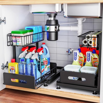 2-Tier Sliding Out Kitchen Basket Sink Shelf Cabinet Organizers Adjustable