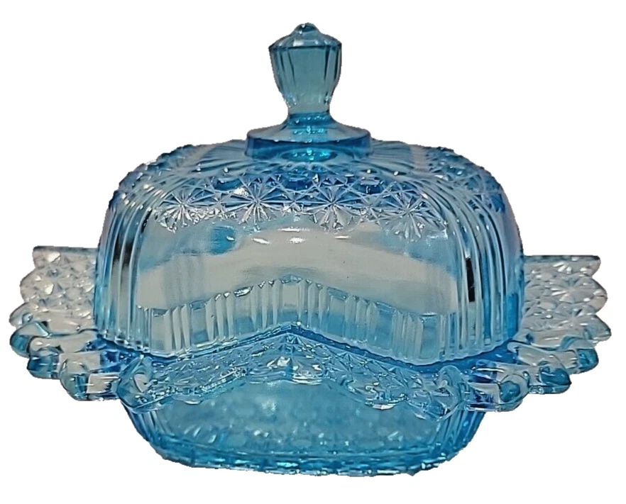 Antique Bryce Bros Blue Glass Daisy & Buttons Open Lace Butter Dish EAPG Candy