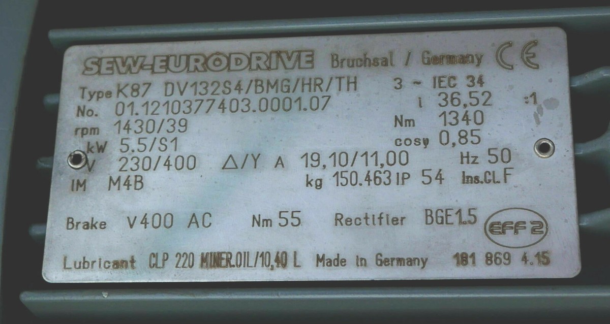 SEW EURODRIVE K87 DV132S4/BMG/HR/TH i=36,52 5,5kW 1340Nm SEW EURODRIVE K87 DV132S4/BMG/HR/TH i=36,52 5,5kW 1340Nm