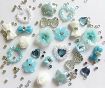 24 X 3d Nail Art Baby Blue White Flowers Bows Pearl Rhinestone Hearts Craft Ebay