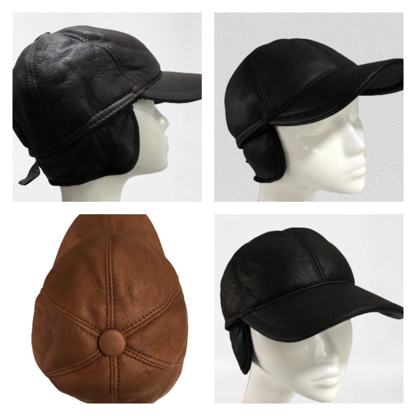 Real Sheepskin Hat Baseball Cap With Ear/Neck Flap Genuine Wool Lining 54cm-60cm