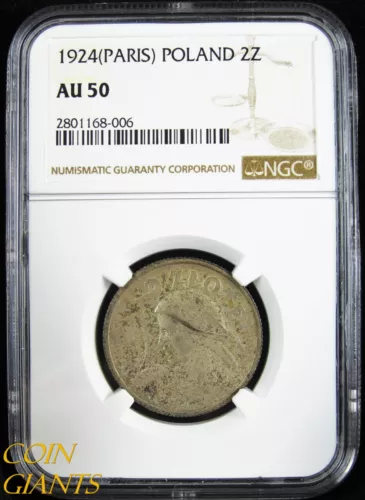 1924 Poland 2 Zlote Silver Coin NGC AU50 Toned Paris Mint About Uncirculated