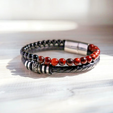 Men's Red Tiger Eye Black Tourmaline Bracelet Leather Braided Magnetic Bracelet