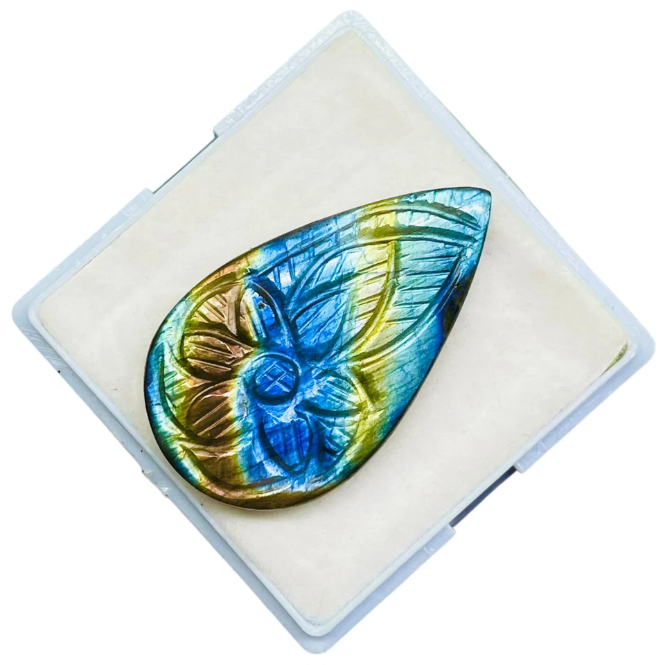 52.45 Cts Natural Carved Labradorit​e 43x25mm Pear Flashy Pendant Size Gemstone - image 4 of 4