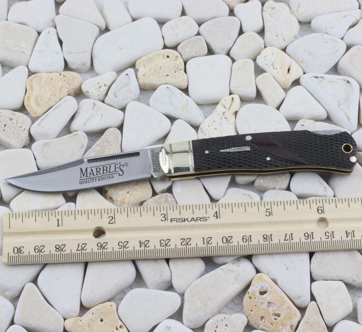 Marbles Lockback Folding Knife Brown Checkered Bone Handle MR677  