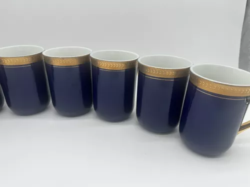 Set Of 8 HORCHOW Demitasse Coffee Mugs Tea Cups Cobalt Blue & Gold Trim~Japan