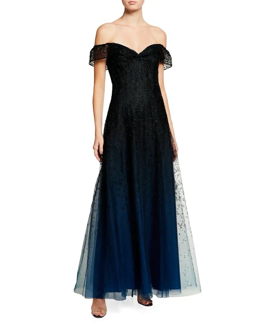 marchesa notte ombre glitter dress Marchesa Notte Floral-appliqud Dgrad Sequined Stretch-tulle Halterneck  Gown In Blue