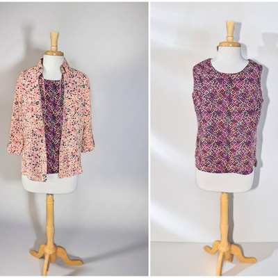 Croft & Barrow 2 Pc Twin Set Floral Blouse Tank Top Pink Orange Purple Size M