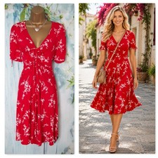 New Roman Red Floral Tea Dress Size 18 Stretch Jersey V Neck Knee Length NWT