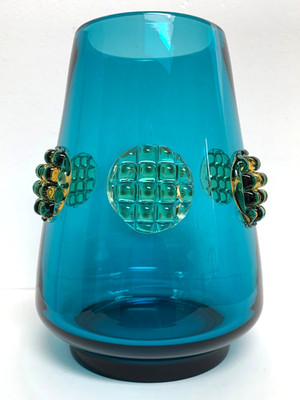 Vintage 1969 Czech Josef Hospodka Prachen Art Glass Blue Vase with Yellow Punts