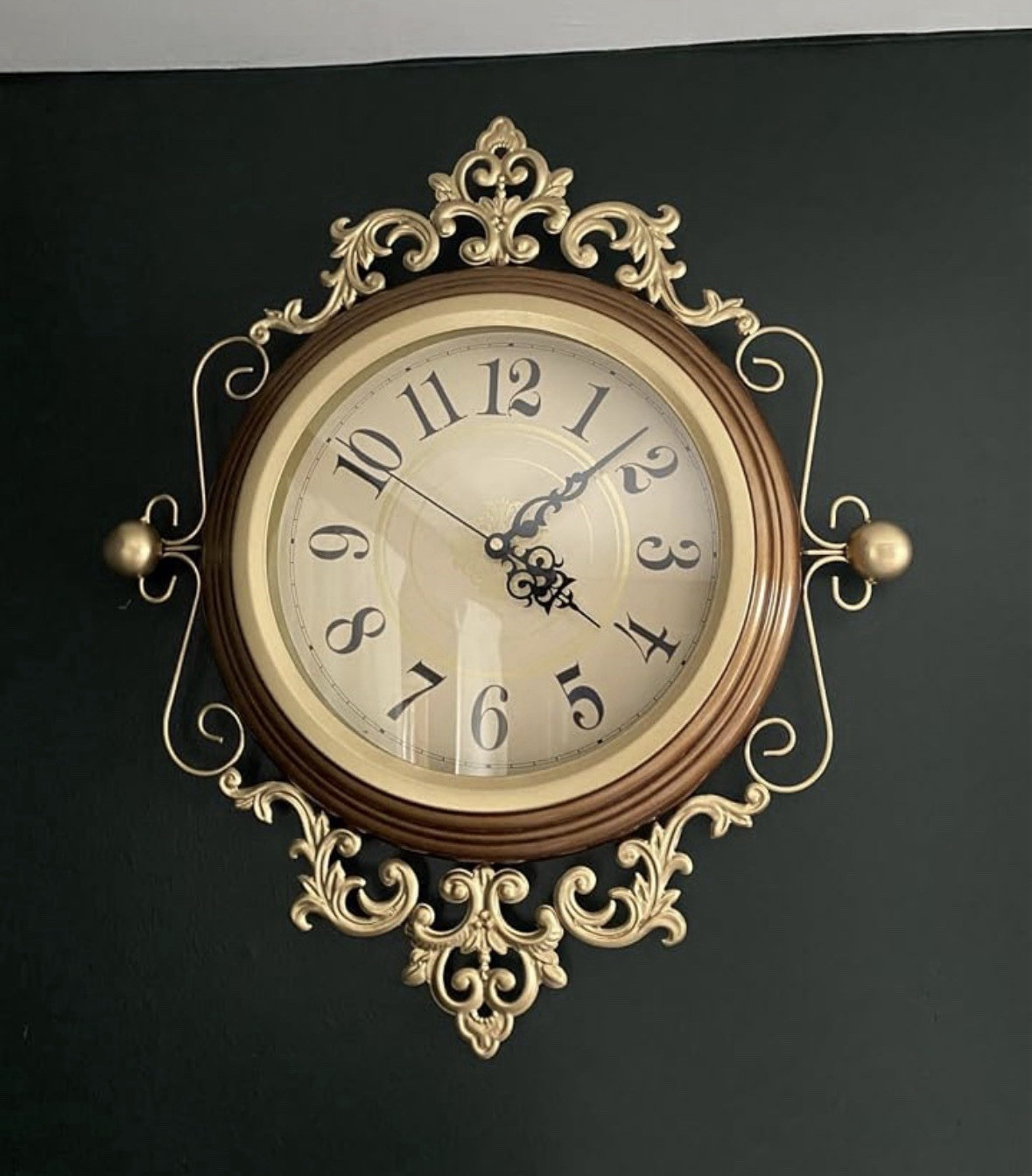 Ornate Scrollwork Round Analog Wall Clock Brown Gold Metal Arabic