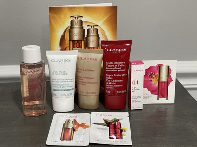 Clarins Gift Set 10 PIECE Super-Restorative Lip Oil Double Serum Sample Bag NEW