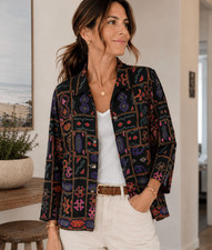 Vintage Chico s Embroidered Folk Art Jacket Bohemian Women s 12 2 Large Black