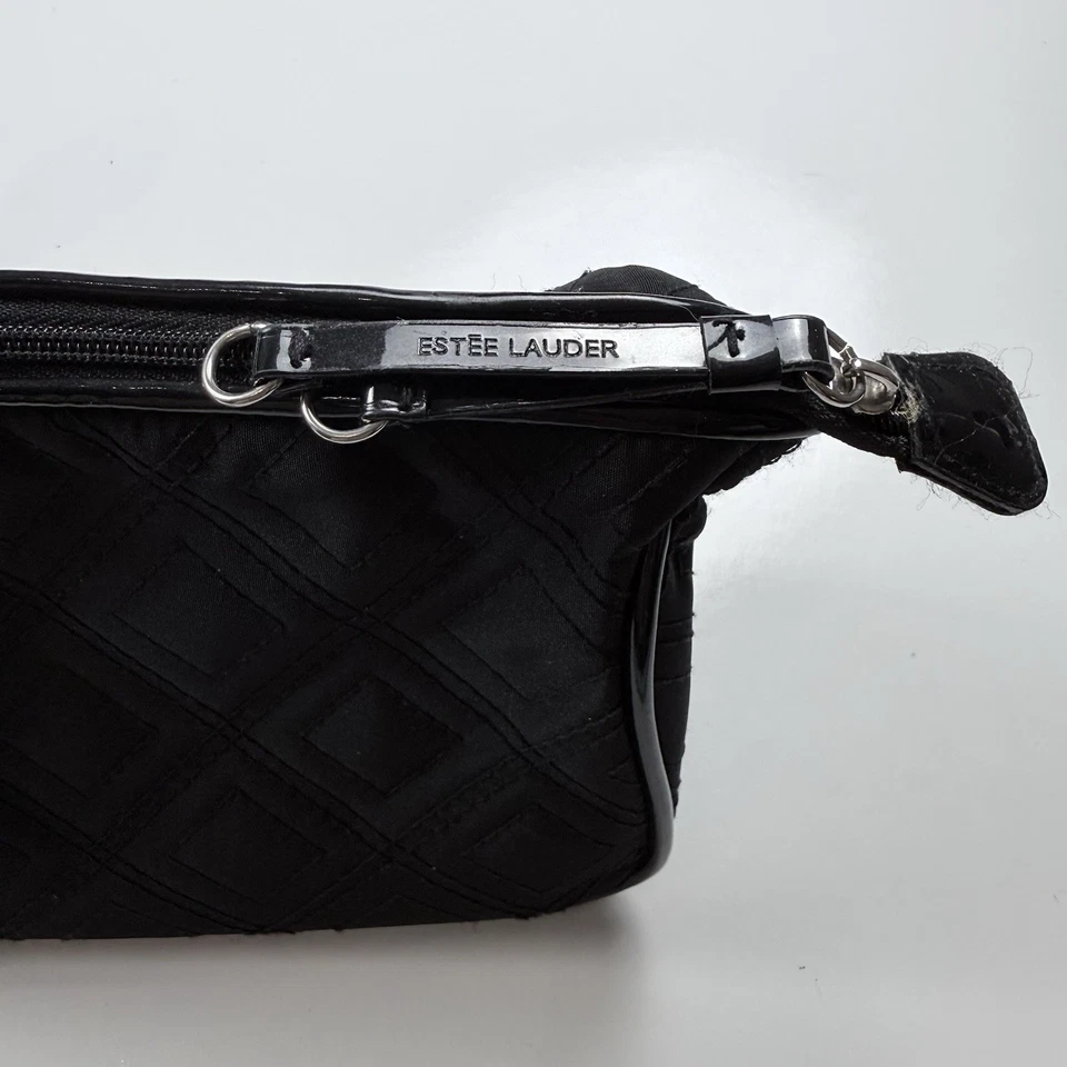 Estée Lauder Black Quilted Cosmetic Bag Travel Makeup Pouch 8” Silver Zipper - Image 2 of 4