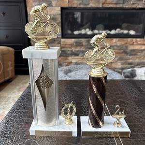 2 VTG 1980s Bicycle racing trophies Cycling Bike race Metal Trophy Marble