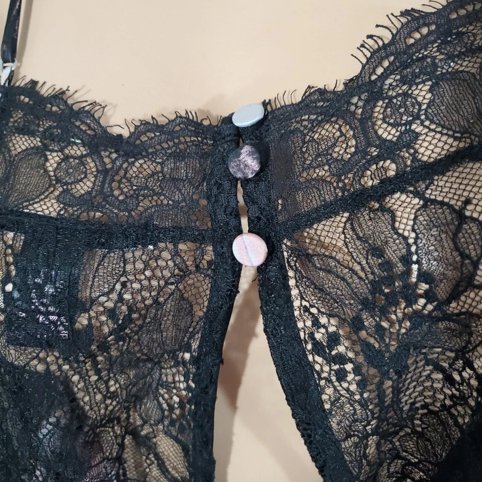 Conjunto de Pijama Corto y Top VICTORIA'S SECRET Años 90 NEGRO SATINADO Floral Encaje GRANDE Foto 3 de 4