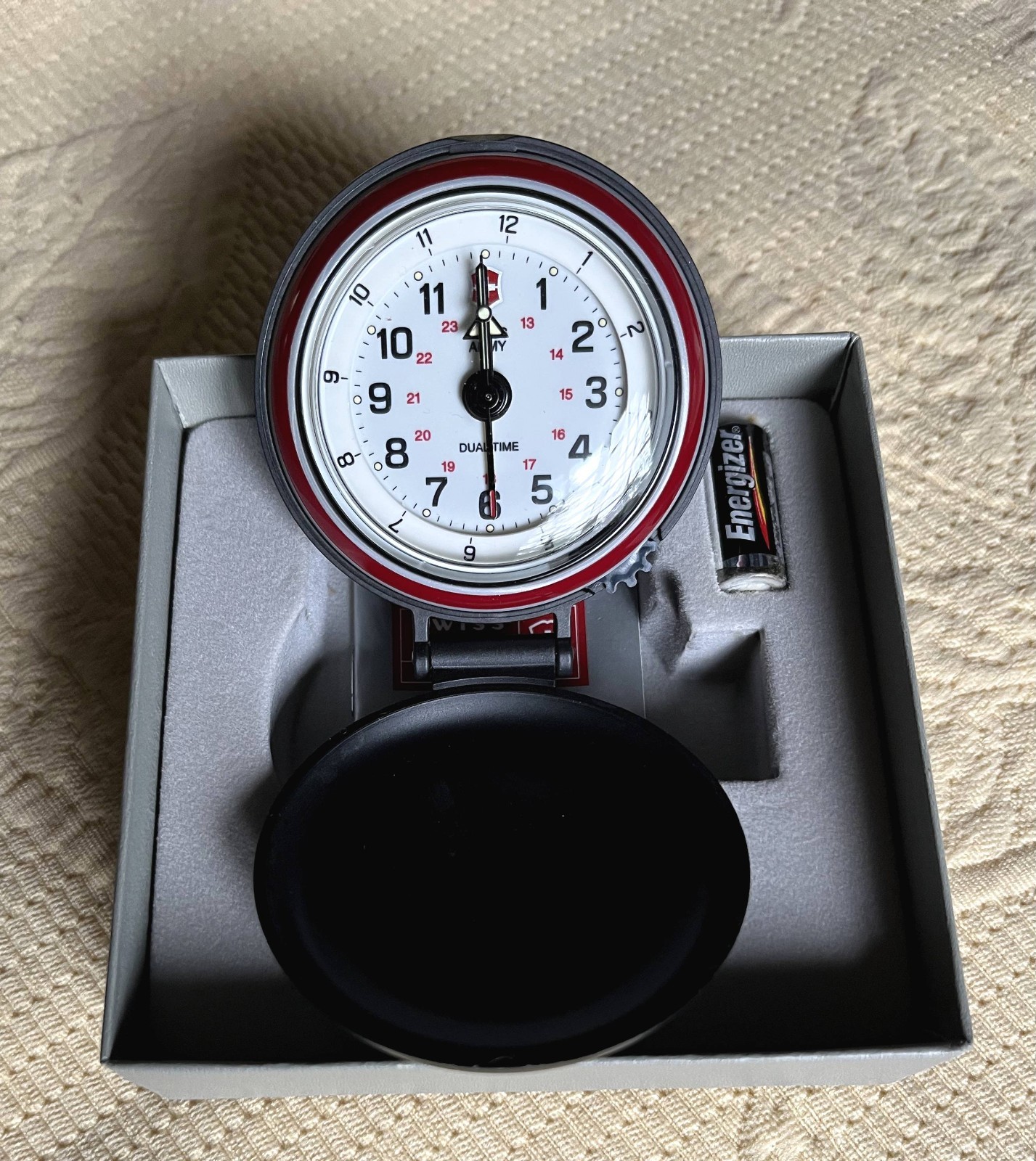 Swiss Army Victorinox Travel Alarm Clock Box Manual Battery. New, never used