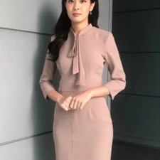 Beige Ribbon Tie H-Line Midi Dress L 55-66 