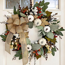 24 Inch Neutral Fall Wreath for Front Door with White Pumpkins  Bow