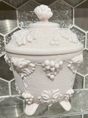 Vintage Jeanette Shell Pink Milk Glass Footed Candy Dish / Grape And Leaf Design