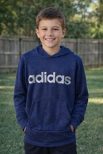 Adidas Youth Large 14/16 Navy Blue Hoodie Silver Logo Pullover Kangaroo Pocket