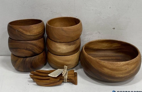 NEW! Pacific Merchants Acacia Wood 7-Piece Salad Bowl Set