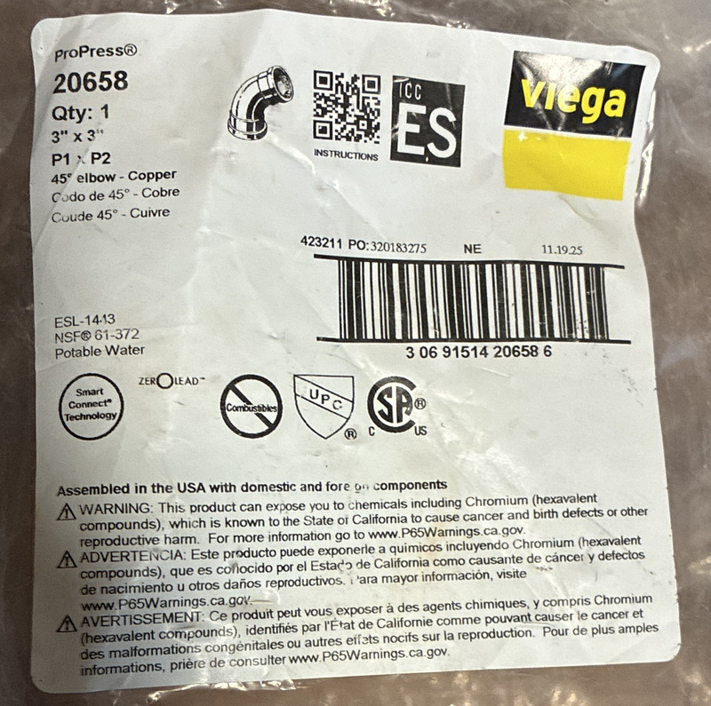 Viega ProPress 20658 3" x 3" 45° Copper Press Elbow P1 x P2