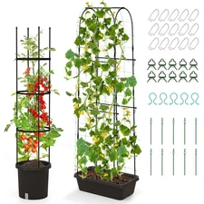 2-Pack Garden Trellis 58.5" Tomato Cage & 71" Cucumber Trellis w/ Planter Box