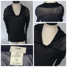 FUZZI Mesh Blouse Women’s L Black Bow Ruffle Long Sleeve Italy NWOT YGI O5-89