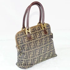 FENDI Zucca Monogram Handbag Tote Bag Brown Vintage FF Logo Canvas Leather USED