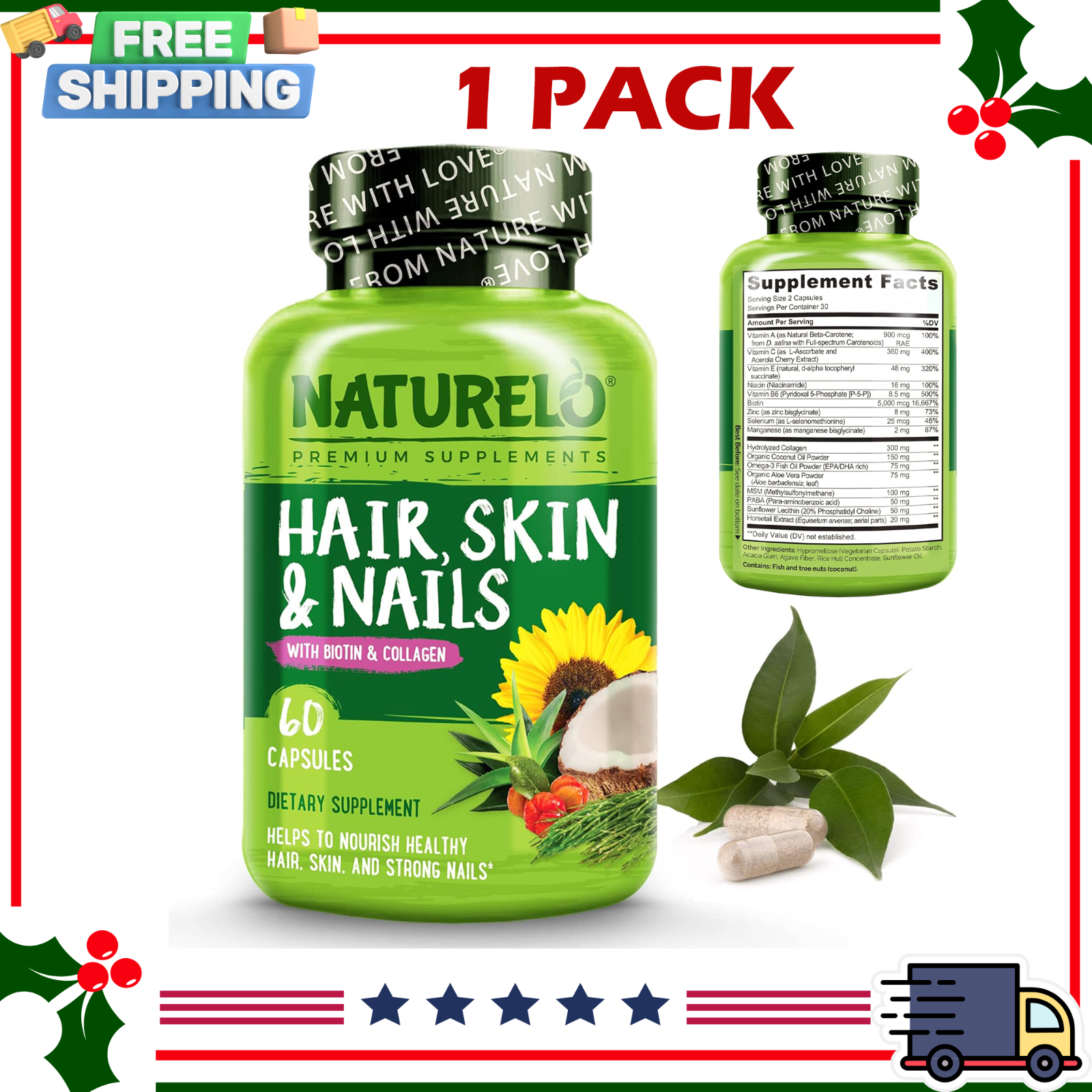 NATURELO Hair Skin & Nails Vitamins with 5000mcg Biotin Collagen & Vitamin E
