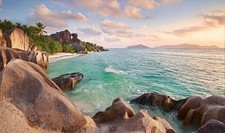 Landscape seychelles rocks palm trees beach sunset Custom Gaming Mat Desk