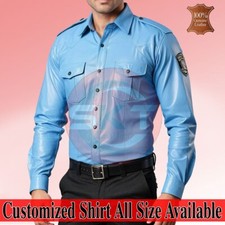 Men Real Soft Leather Sky Blue Police Military Style Shirt Bluf Gay Cuir Schwarz