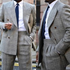 Men's Woolen Suits 2 Pieces Double Breasted Peak Lapel Formal Tweed Jacket Pant