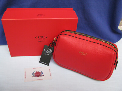 Osprey London Red Leather Make Up Cosmetic Bag Purse Travel Toiletry Zip  Kit NIB