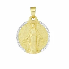 7/8" Satin Blessed Mary Religious Medal Pendant Real 14K Yellow Gold 1.7g