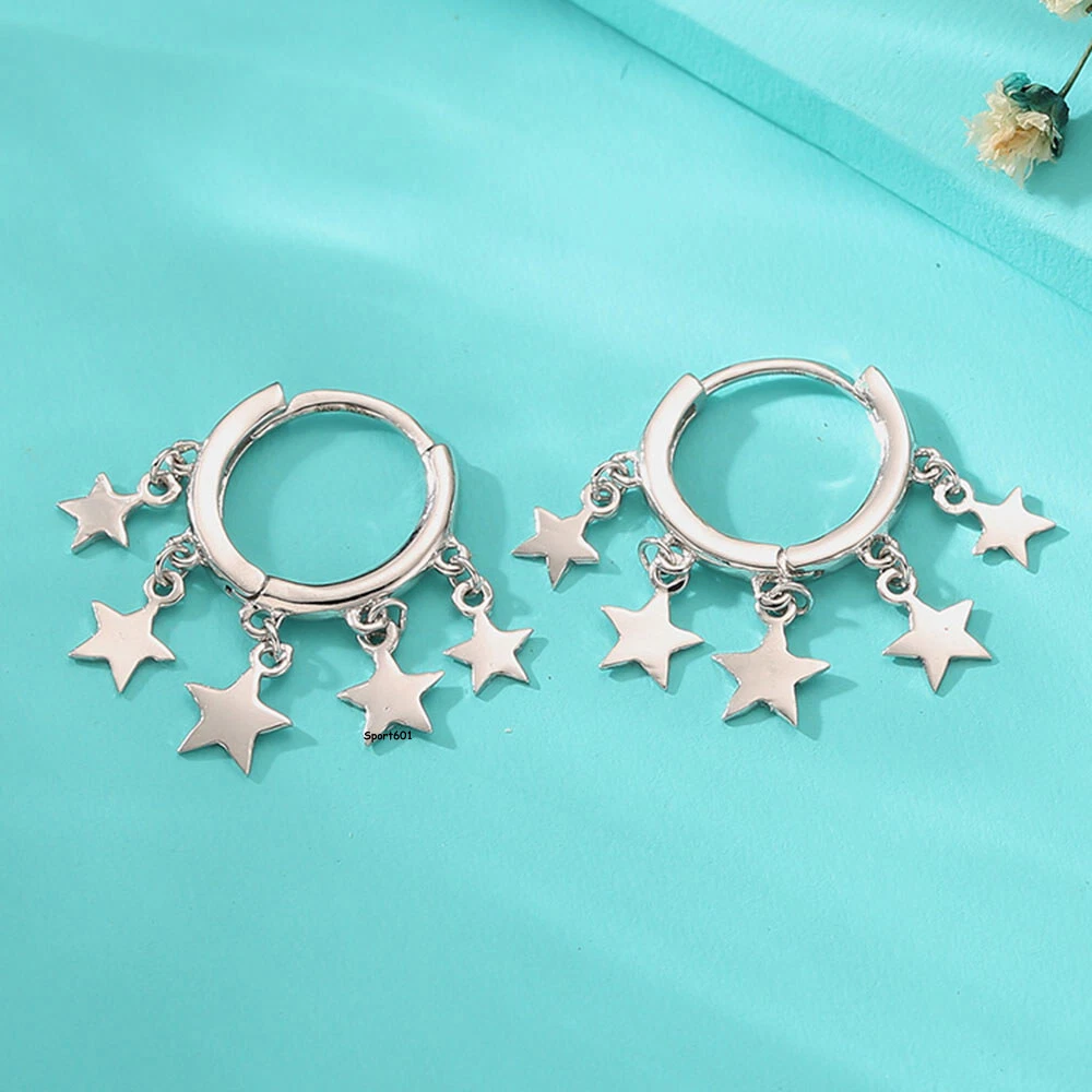 Pure Solid Platinum 950 Women Earrings Lucky Star Charm Hoop Earrings 4.4 4.5g