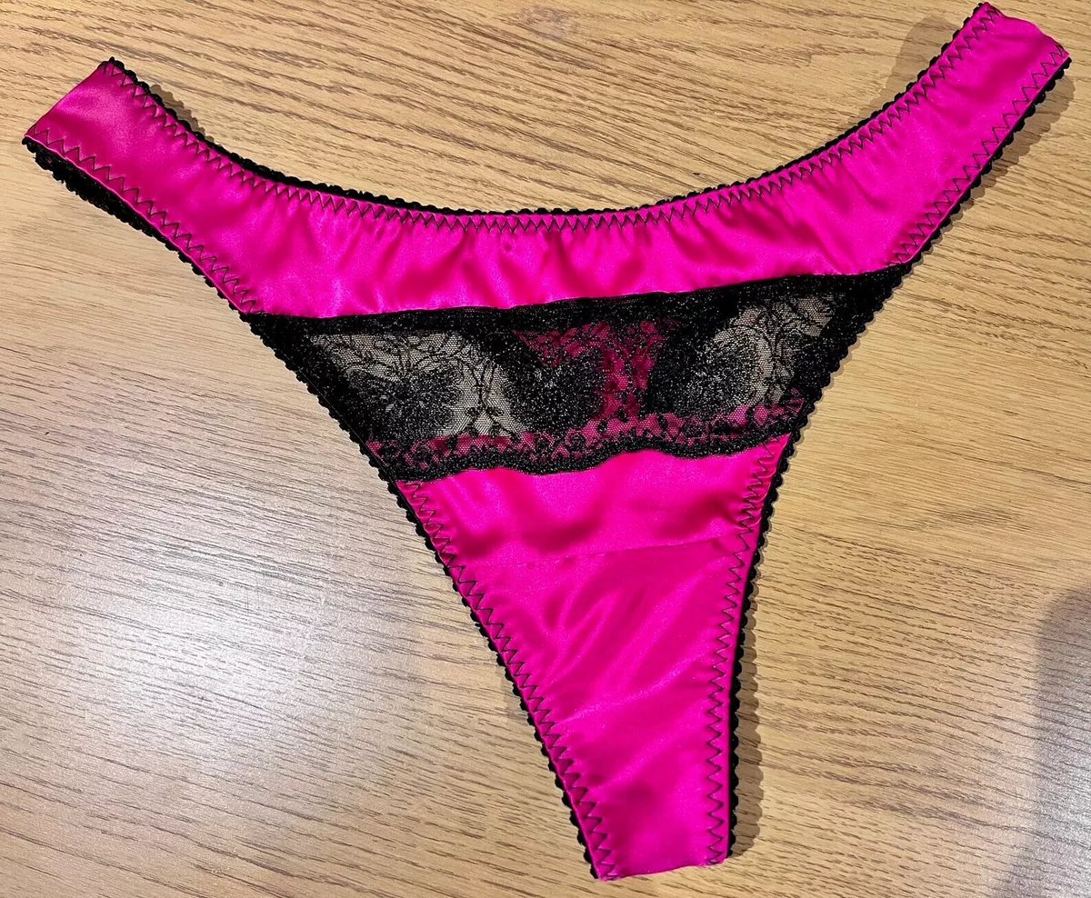 womens pink satin & black lace underwear size 6 stretch satin thong  lingerie