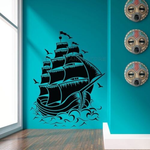 Retro PIRATE SHIP SAIL BOAT VINYL Wall Decal NAUTICAL SEA Vinyl Wall Art Sticker - Picture 1 of 7