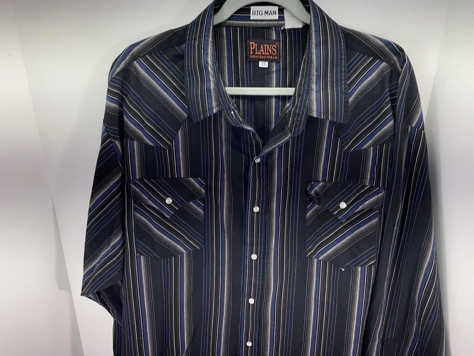Ely Plains Big Man Pearl Snap Shirt Men Size Big 3X Black Stripe Long Sleeve - Image 2 of 4