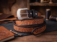 Ranch Western Rodeo Saddle Brwn Leather Belt Size 36 Tooled Scroll Cordover Edge