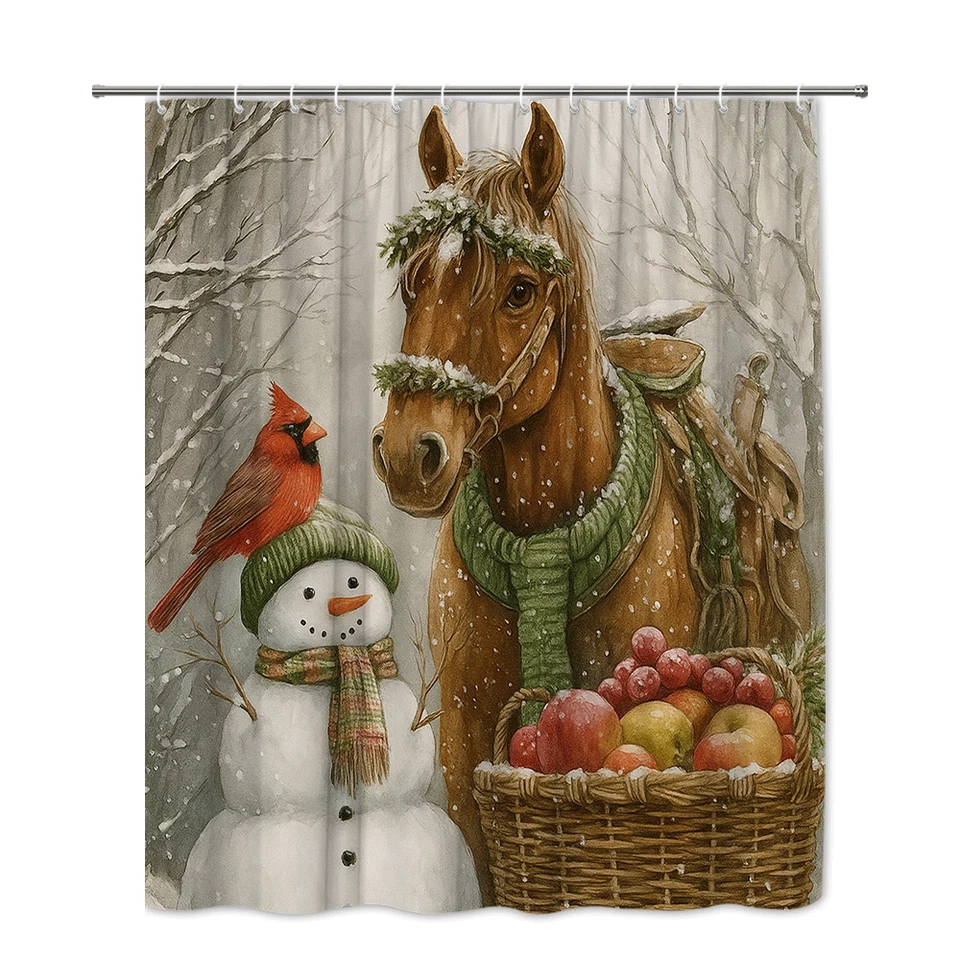 Занавеска для душа лошадь снеговик кардинал корзина зимний деревенский рождественский ванная комната - Изображение 2 из 4