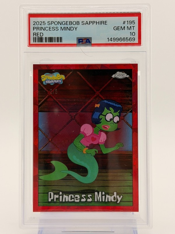2025 Topps Chrome SpongeBob Sapphire Princess Mindy Red 2/5 PSA 10 SSP #195