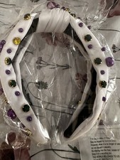 Knotted White Headband Embellished with Purple, Yellow, Green Gems