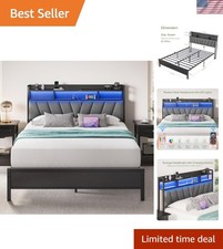 Queen Bed Frame with Headboard, Metal Platform Bed with LED Lights  Charging...